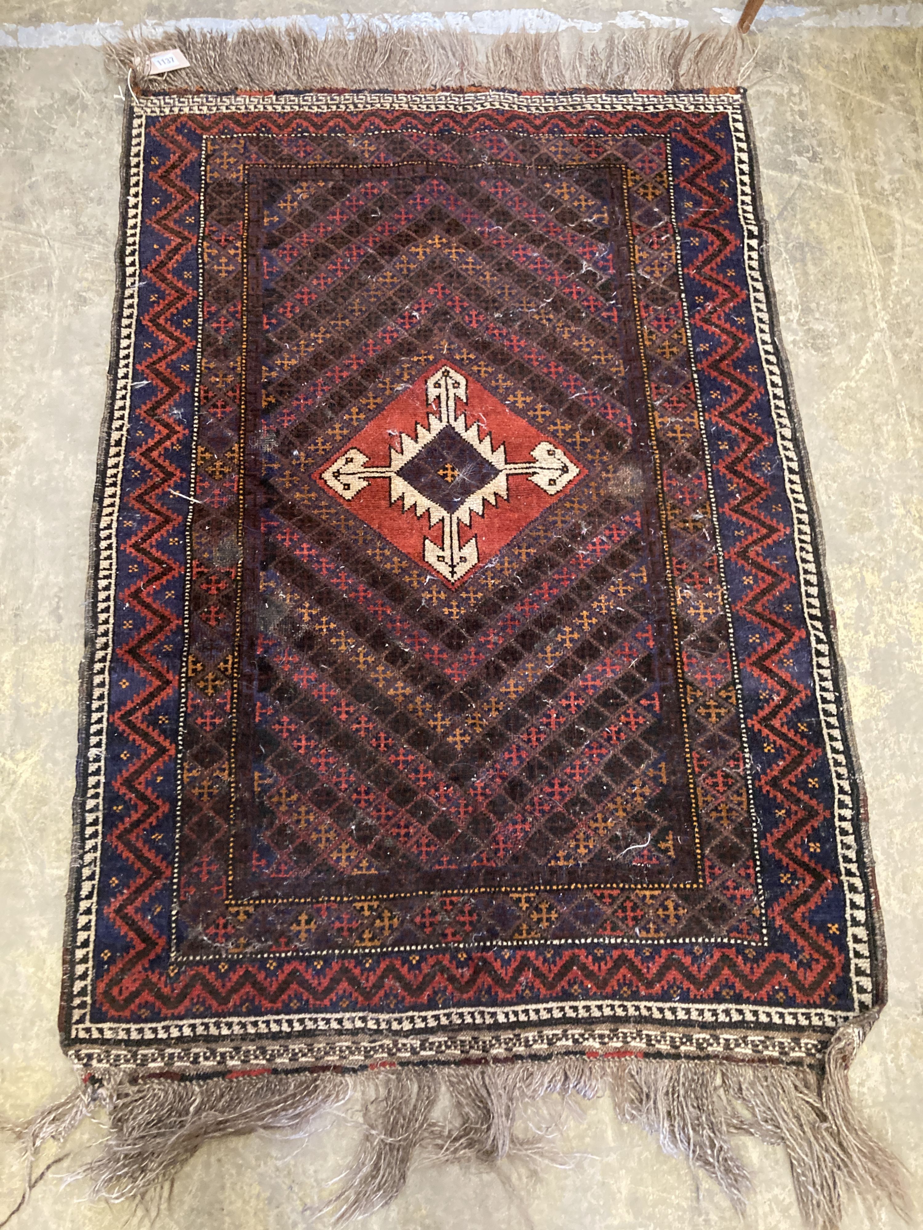 Two small Belouchi red ground rugs and two Kilim style rugs, 112 x 92.5cm and similar